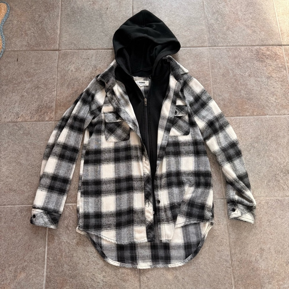 Ci Sono Black and White Plaid Collection Jacket Shirt with Hood Size Small